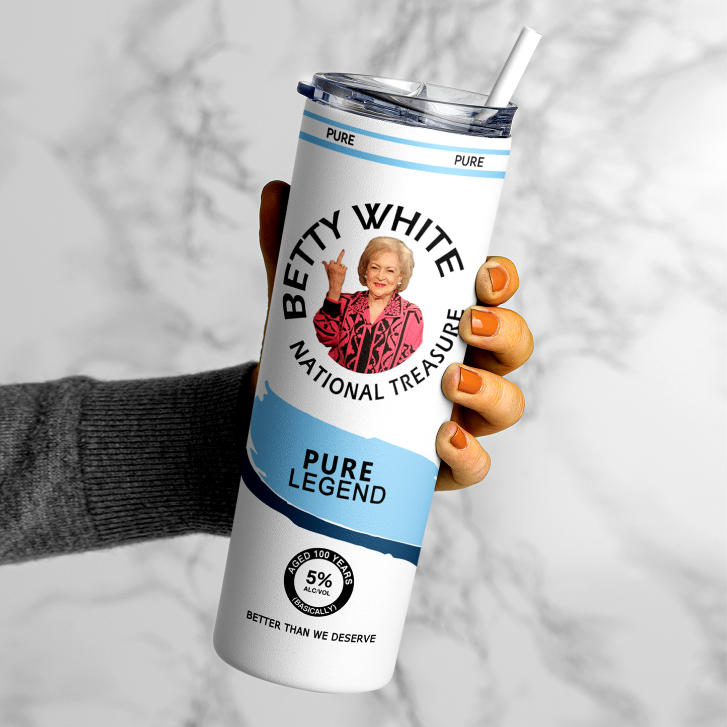 A 20oz stainless steel tumbler featuring an image of Betty White flipping the bird, designed in a hard seltzer theme. The tumbler includes a secure lid and straw, with a vibrant, long-lasting print. Perfect for fans of Betty White, sassy humor, and unique drinkware. Keeps beverages hot or cold for hours.