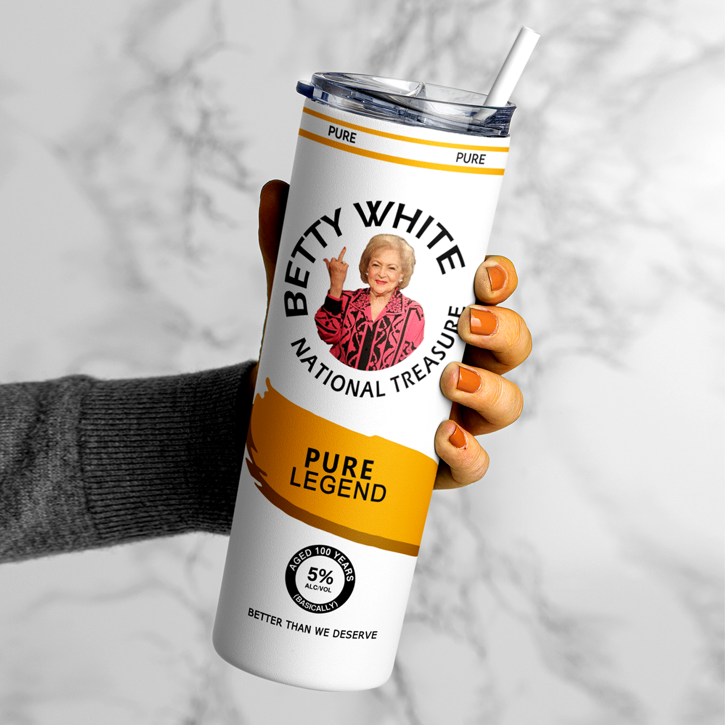 A 20oz stainless steel tumbler featuring an image of Betty White flipping the bird, designed in a hard seltzer theme. The tumbler includes a secure lid and straw, with a vibrant, long-lasting print. Perfect for fans of Betty White, sassy humor, and unique drinkware. Keeps beverages hot or cold for hours.