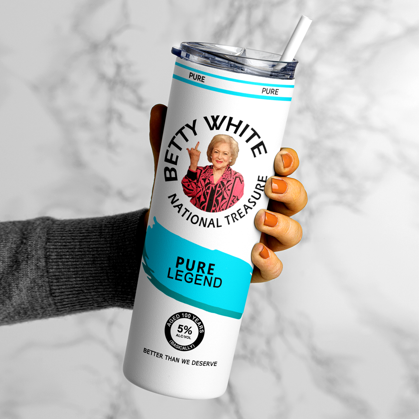 A 20oz stainless steel tumbler featuring an image of Betty White flipping the bird, designed in a hard seltzer theme. The tumbler includes a secure lid and straw, with a vibrant, long-lasting print. Perfect for fans of Betty White, sassy humor, and unique drinkware. Keeps beverages hot or cold for hours.