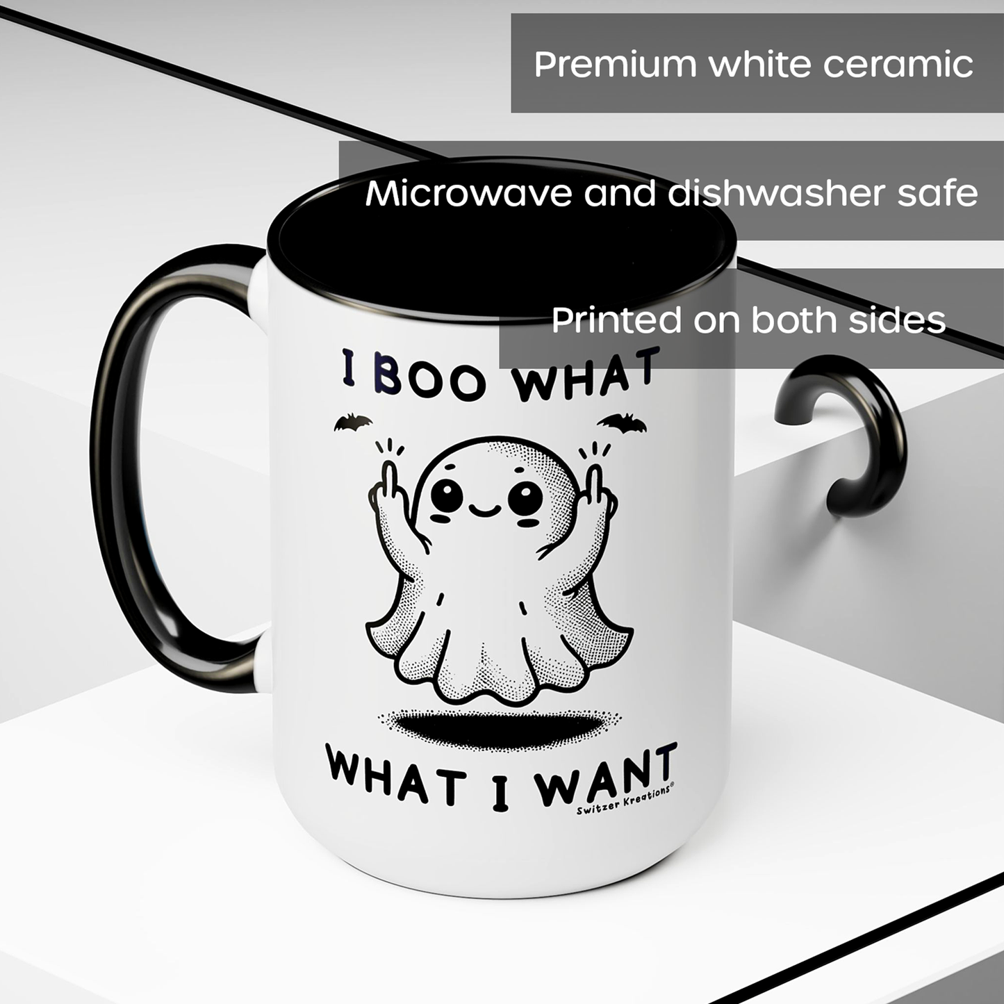 I Boo What I Want Ghost Mugs 15oz Black Handle | Ghost Holding up Middle Fingers | by Silly Owl Gifts