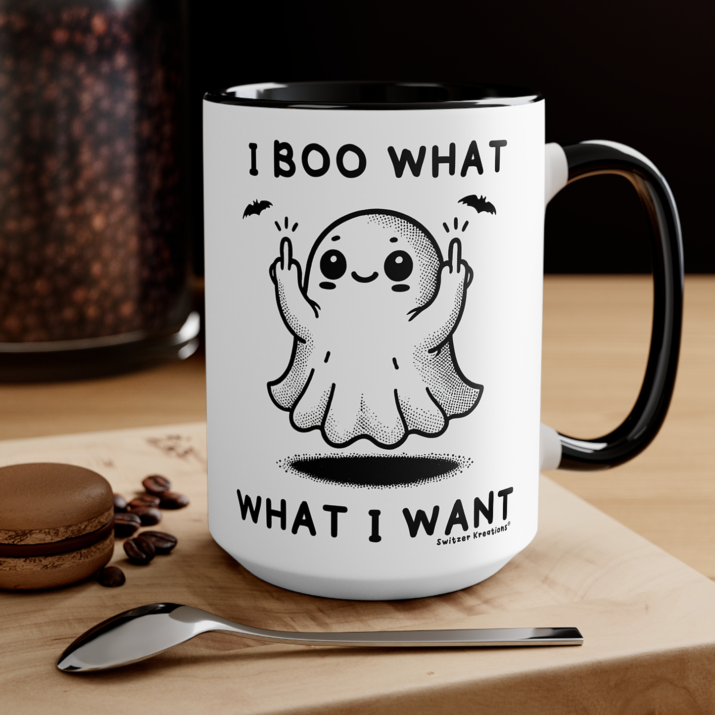 I Boo What I Want Ghost Mugs 15oz Black Handle | Ghost Holding up Middle Fingers | by Silly Owl Gifts