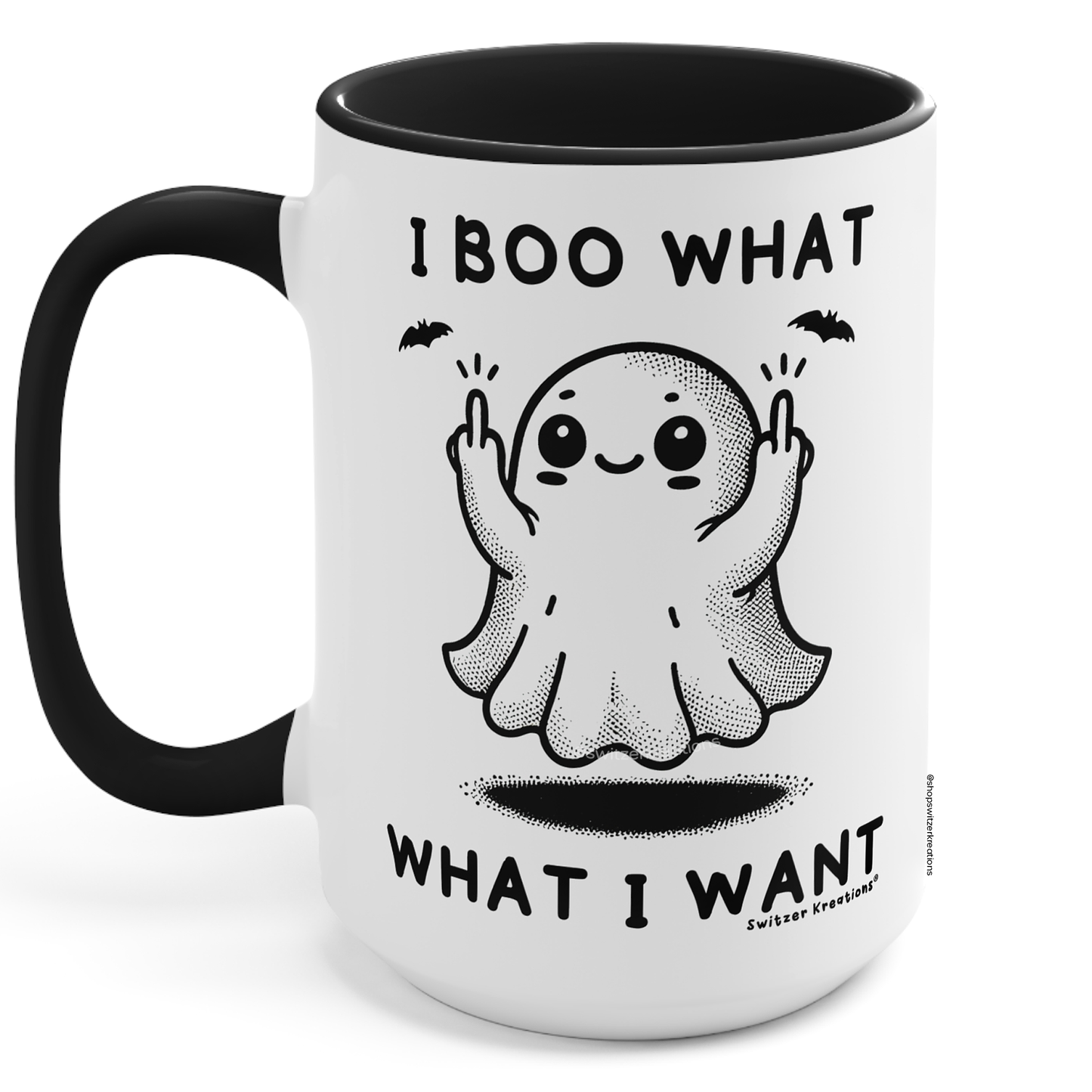 I Boo What I Want Ghost Mugs 15oz Black Handle | Ghost Holding up Middle Fingers | by Silly Owl Gifts