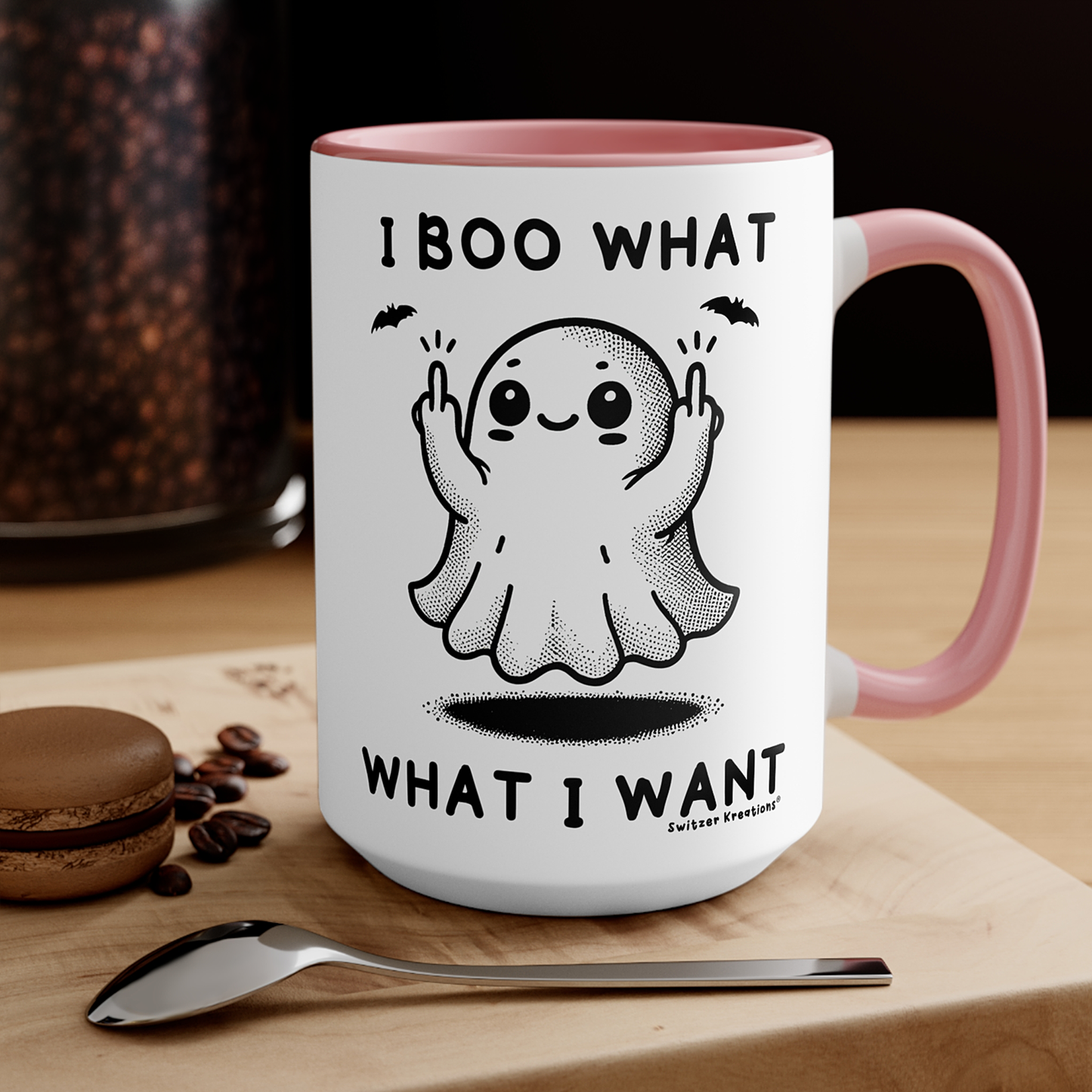 I Boo What I Want Ghost Mugs 15oz Pink Handle | Ghost Holding up Middle Fingers | by Silly Owl Gifts