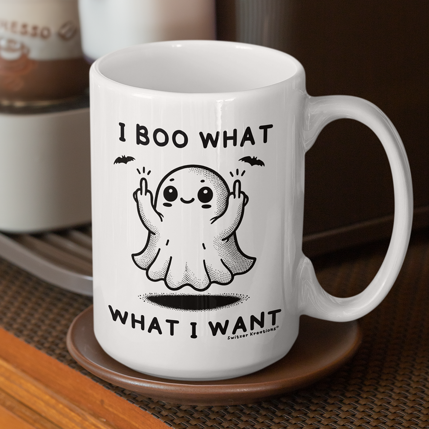 I Boo What I Want Ghost Mugs 15oz White Handle | Ghost Holding up Middle Fingers | by Silly Owl Gifts