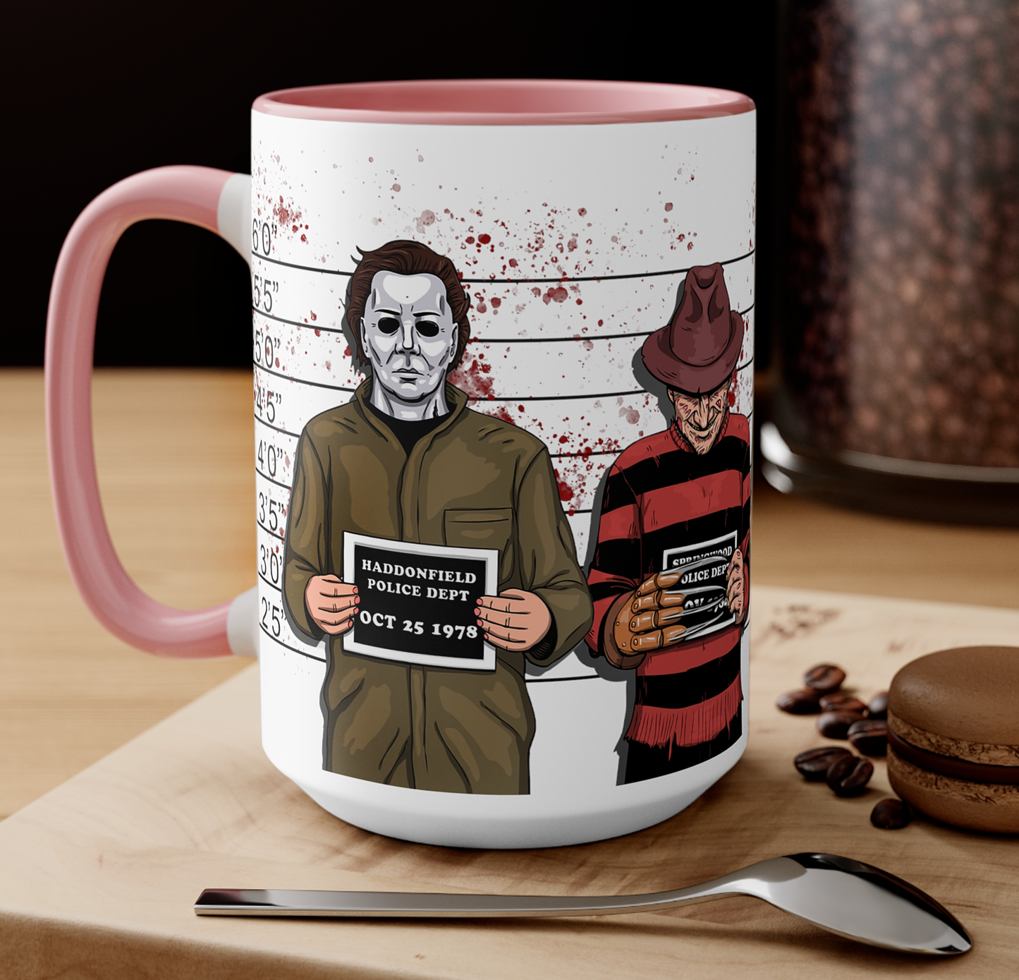 Pink Handle Horror Mugshot Mug | Michael Myers Freddy Krueger Friday The 13th Chucky | by Switzer Kreations