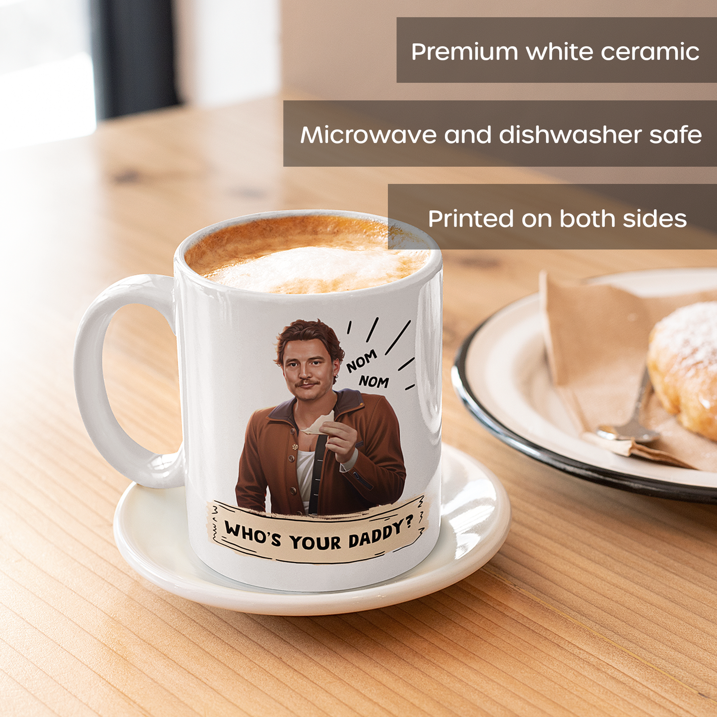 White ceramic coffee mug featuring a detailed illustration of Pedro Pascal with a charming expression, perfect for fans of the beloved actor. Durable, glossy finish with a comfortable handle, ideal for everyday use or as a unique gift.