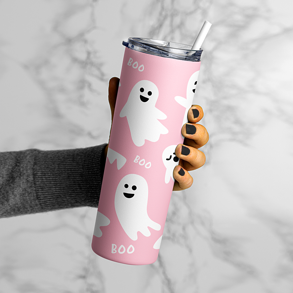 Boo! Cute Pink Ghost Tumbler - 20oz Insulated w/Lid and Straw