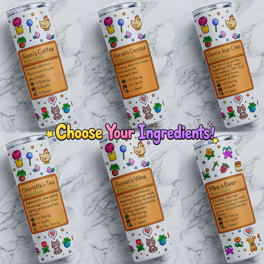 Personalized stardew valley pixel farm game 20oz stainless steel tumblers with custom name ingredients, tea, cocktail, beer, wine and coffee card, colorful full wrap design, lid and straw