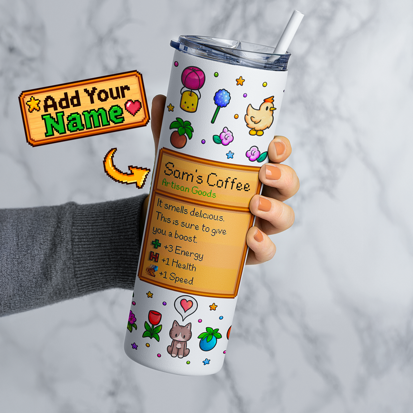 Hand holding personalized stardew valley pixel farm game tumbler with custom name coffee item card, colorful icons, clear lid and reusable straw