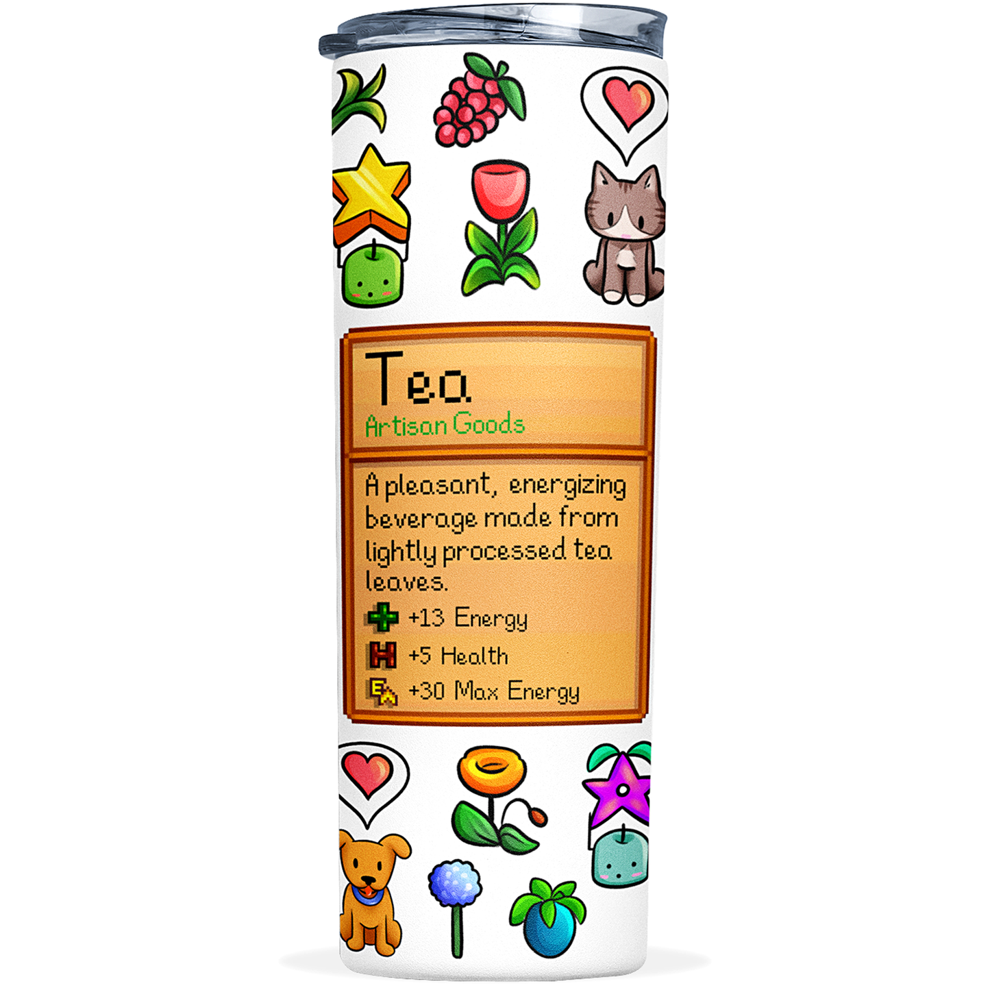 Stardew Valley inspired tumbler featuring cute illustrations of all the characters, with optional coffee or tea ingredients design – perfect for fans of cozy gaming and farmhouse vibes.