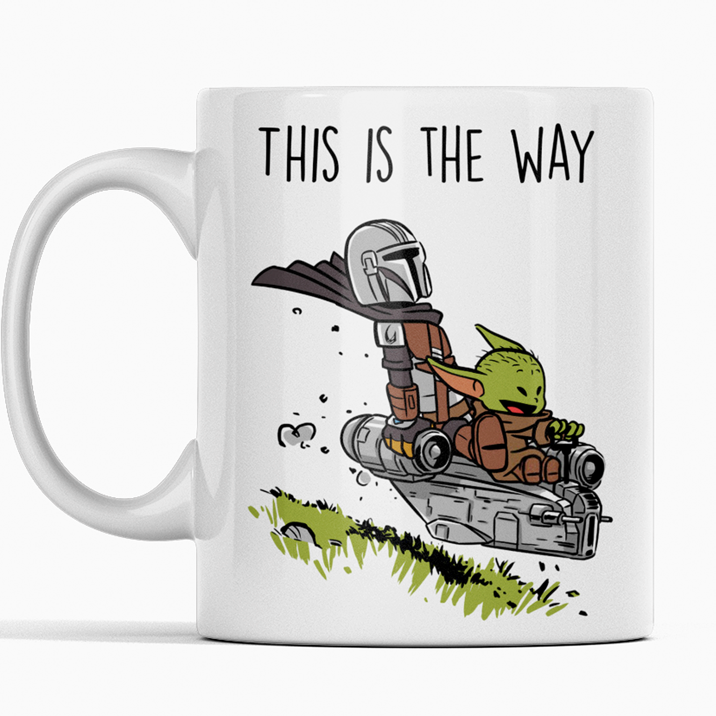 Ceramic coffee mug featuring the Mandalorian and Grogu flying together in a spaceship with the phrase 'This Is The Way' – perfect gift for Star Wars fans.