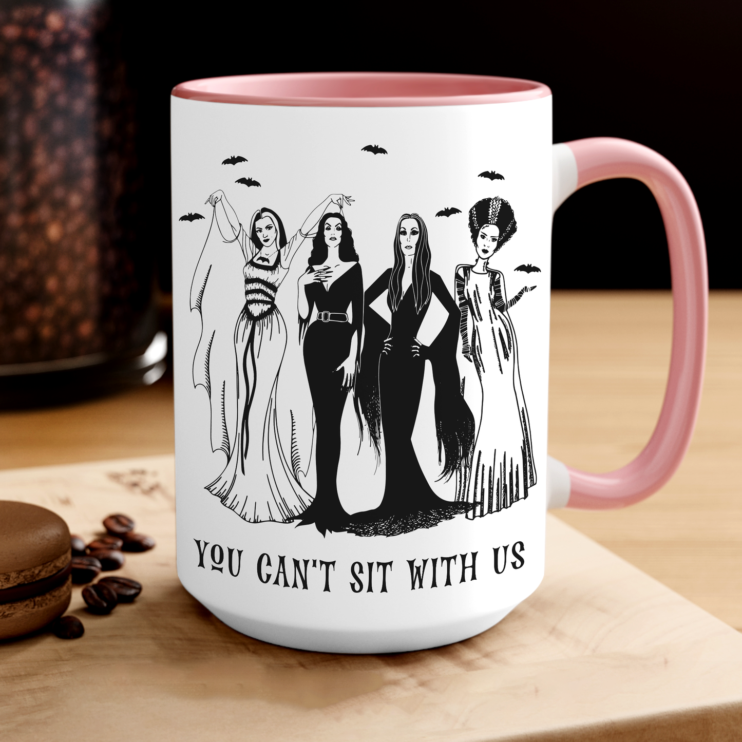 You Can't Sit With Us Mug 15oz Pink Handle | Goth Girls Witchy Coffee Mug | by Switzer Kreations