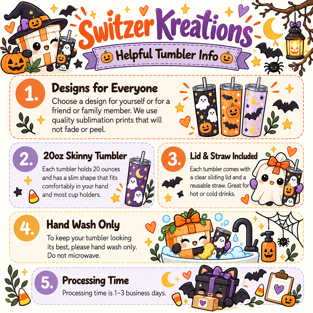 A Halloween-themed informational graphic for Switzer Kreations tumbler wraps, showing five numbered tips with illustrations of decorated tumbler cups, pumpkins, ghosts, and a witch hat on a white background with decorative borders.