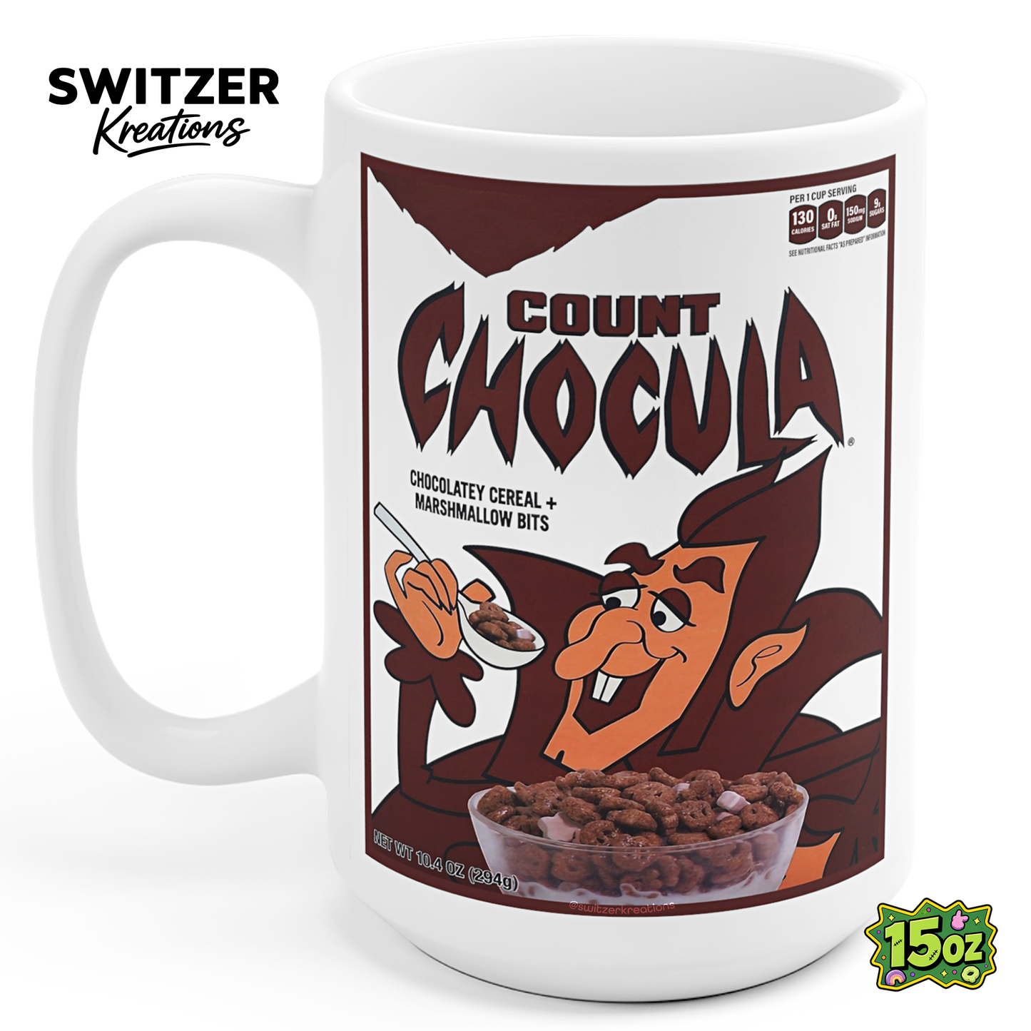White ceramic coffee mug featuring a vintage Count Chocula-inspired cereal design, available in 11 oz and 15 oz sizes.