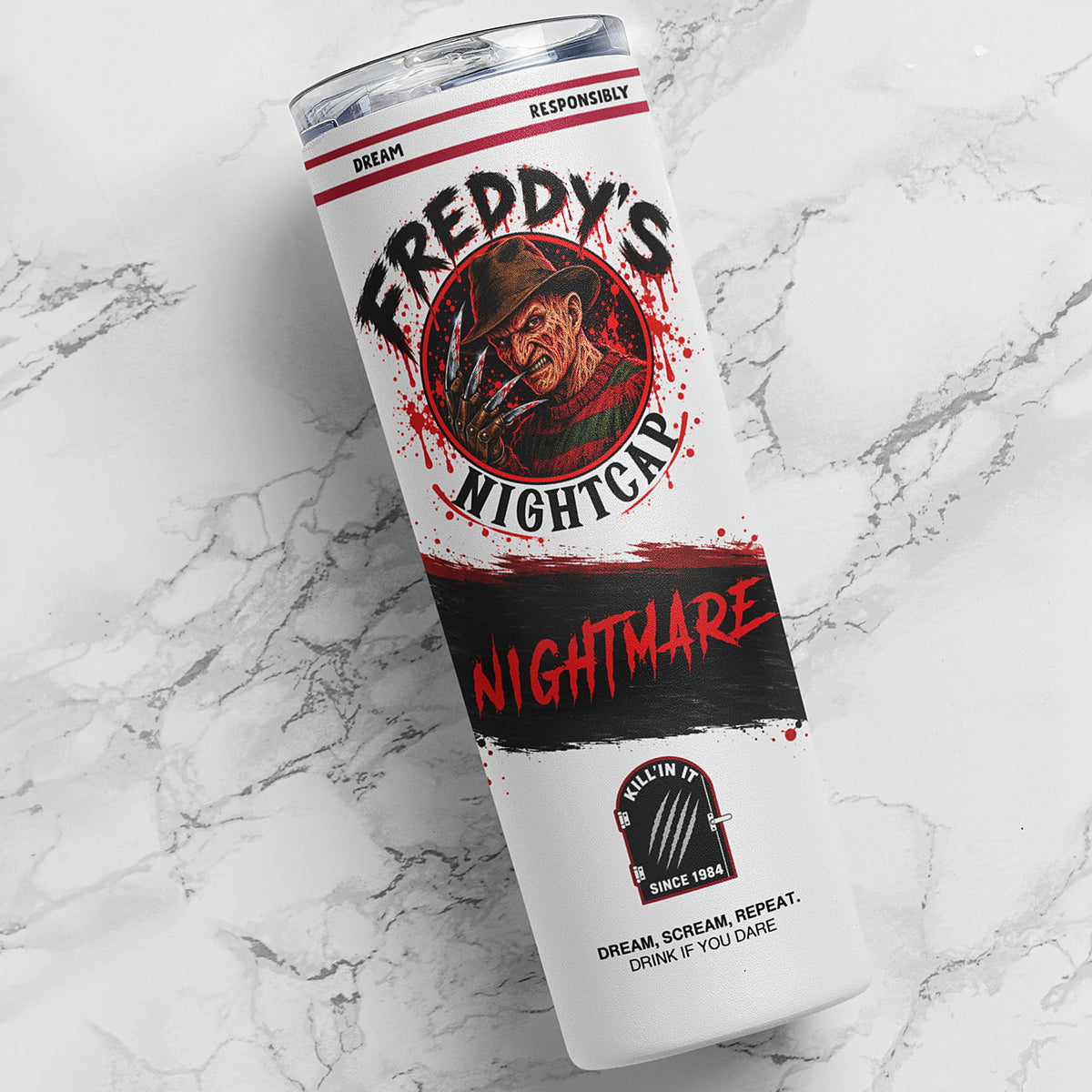20 oz Freddy-inspired horror skinny tumbler with nightmare slasher artwork, red black and white design, and clear sliding lid