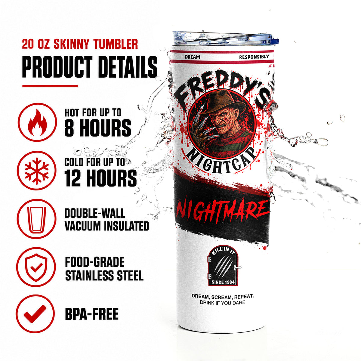 20 oz Freddy-inspired horror skinny tumbler product details image showing double-wall insulation, BPA-free stainless steel construction, and hot and cold drink performance