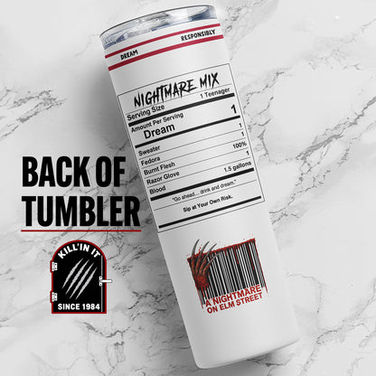 Back view of 20 oz Freddy-inspired horror tumbler with Nightmare Mix label, razor glove barcode artwork, and stainless steel skinny cup