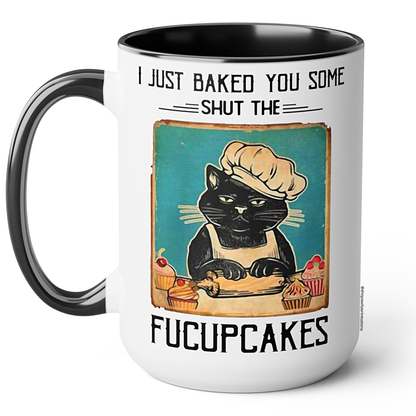 Fucupcakes Coffee Mug with a black cat illustration and humorous text on a white background