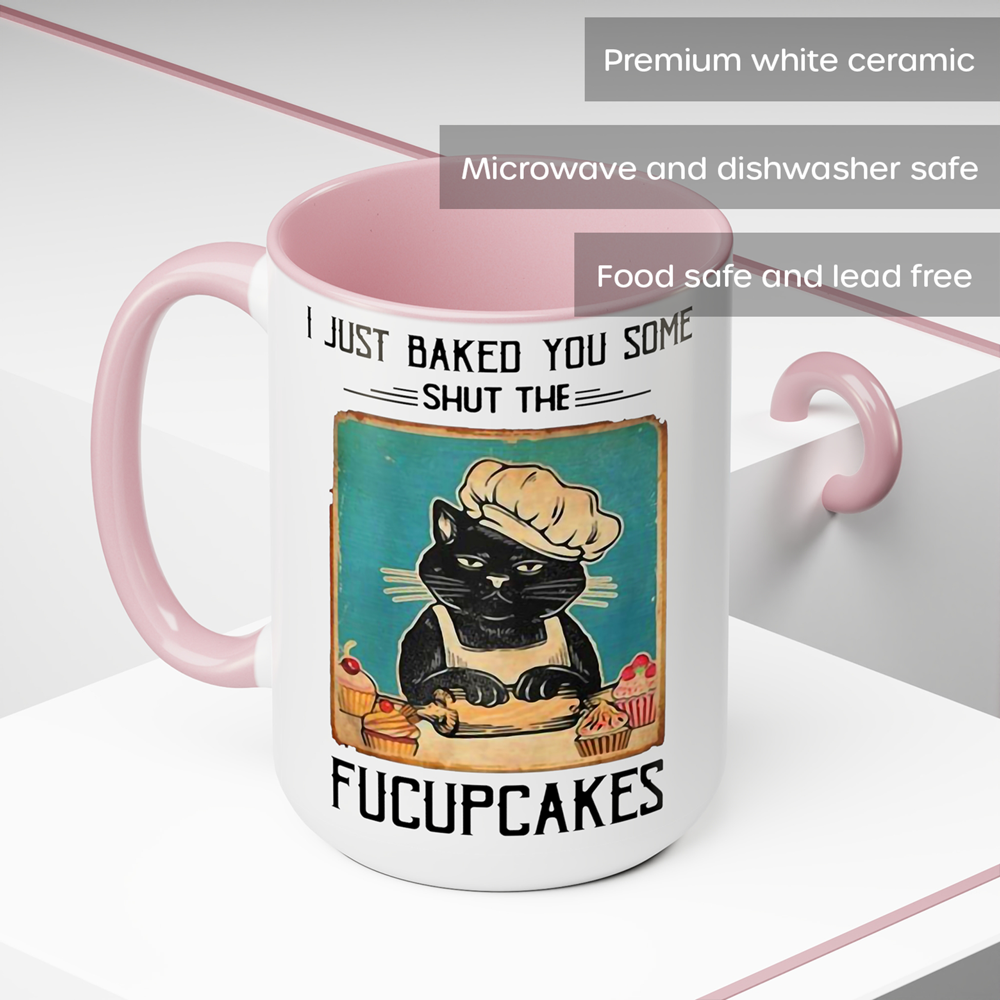 Fucupcakes Coffee Mug with a black cat illustration and humorous text on a white background