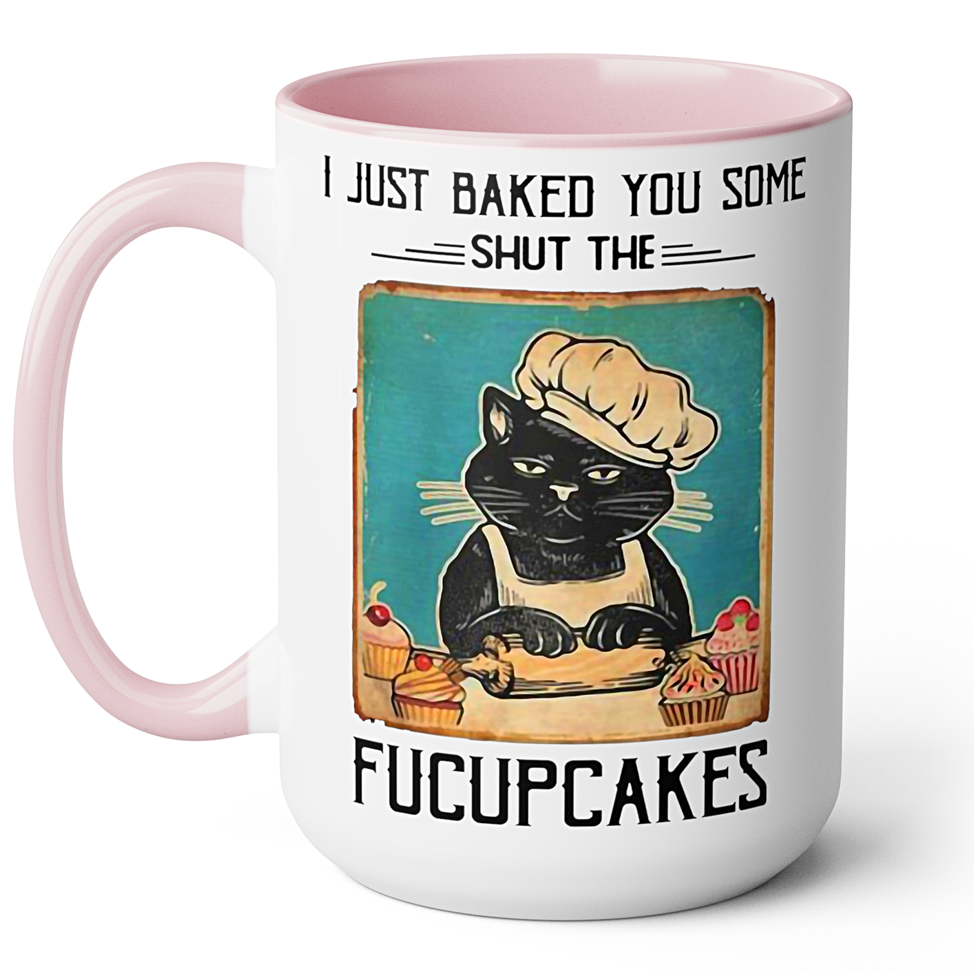 Fucupcakes Coffee Mug with a black cat illustration and humorous text on a white background