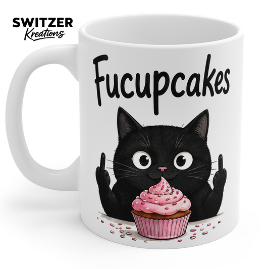Fucupcakes black cat middle finger 11oz white ceramic coffee mug with pink cupcake