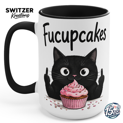 Fucupcakes black cat middle finger 15oz ceramic mug with black handle and black interior