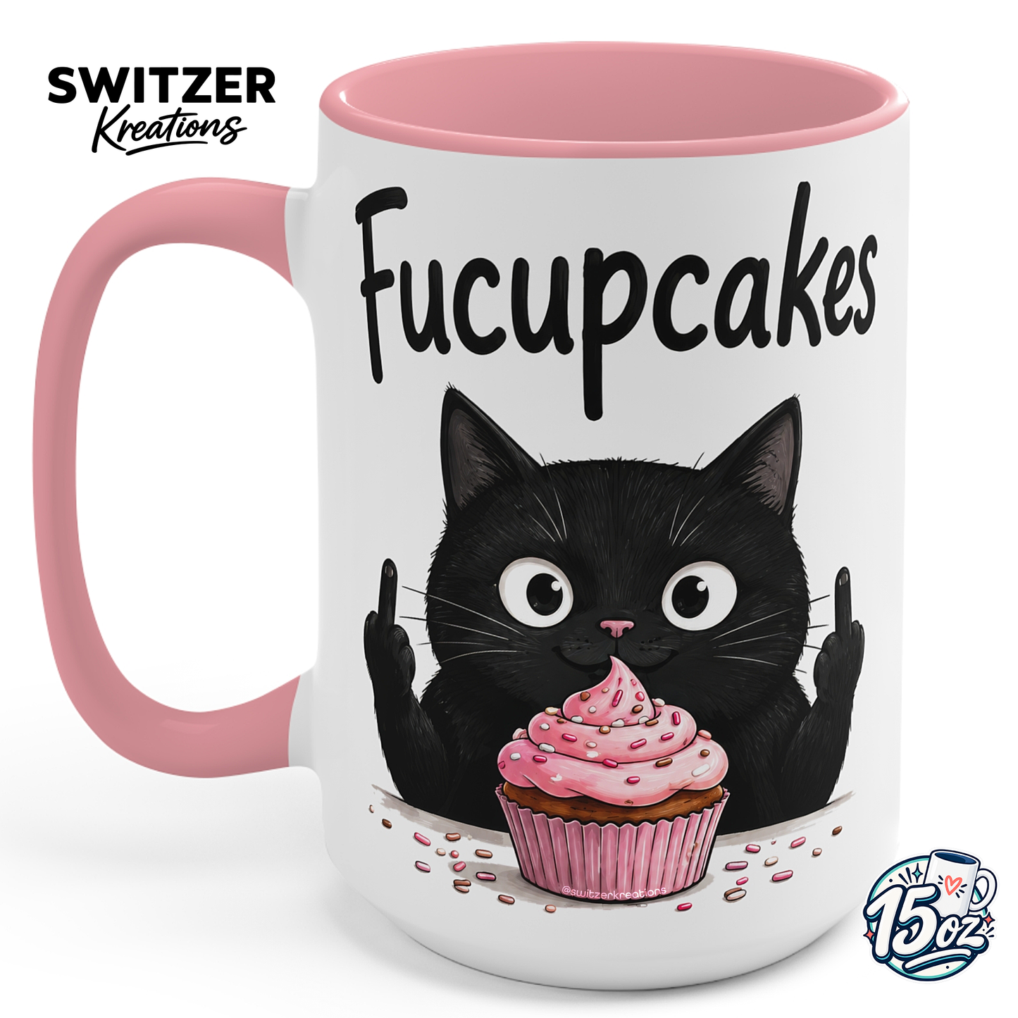 Fucupcakes black cat middle finger 15oz ceramic mug with pink handle and pink interior