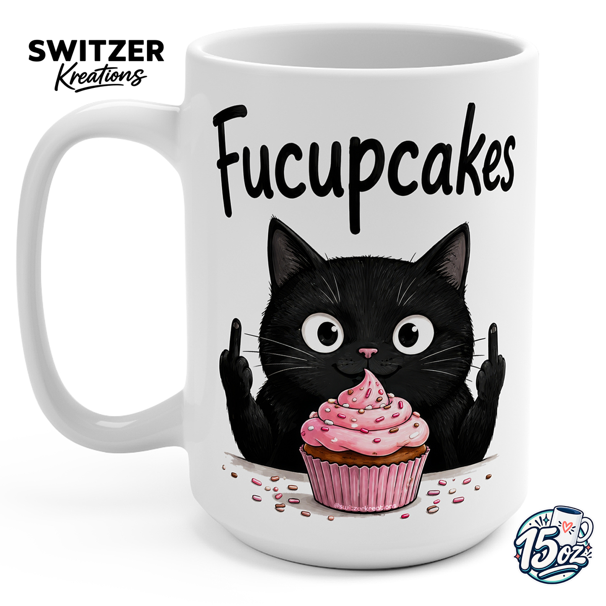 Fucupcakes black cat middle finger 15oz white ceramic coffee mug with pink cupcake