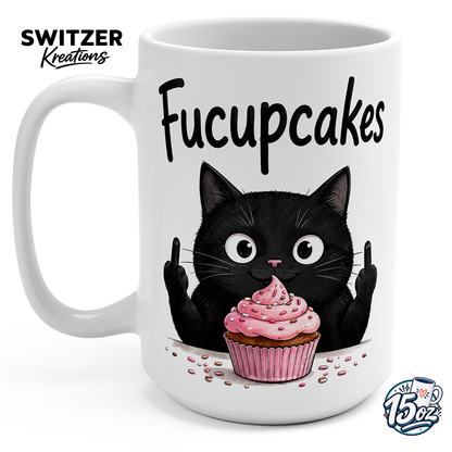 Fucupcakes black cat middle finger 15oz white ceramic coffee mug with pink cupcake