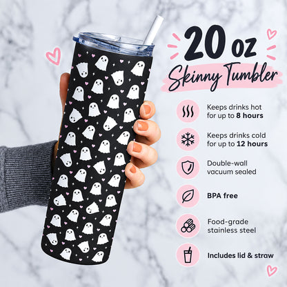 20 oz black ghost skinny tumbler with pink hearts, lid and straw, showing hot and cold drink insulation features