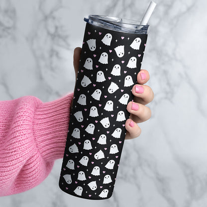 Cute 20 oz Halloween ghost tumbler with pink hearts held by woman wearing a bubblegum pink knit sweater