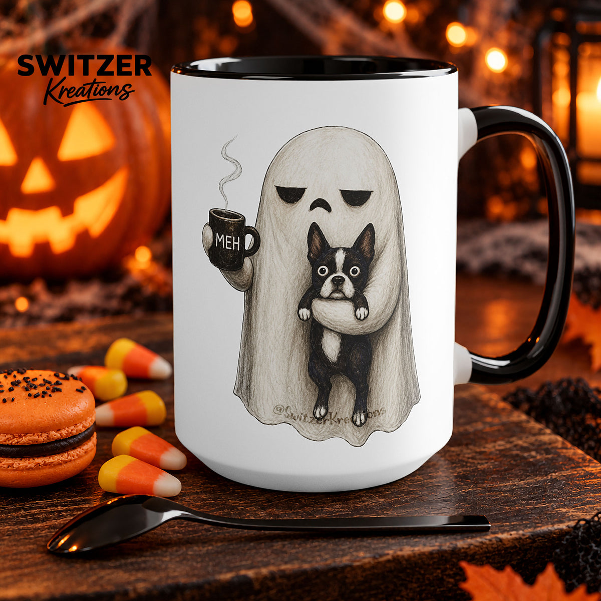 A black and white ceramic mug featuring a Ghost dog coffee cup with selectable breed and MEH design, spooky pet lover gift - Boston Terrier Coffee Mug