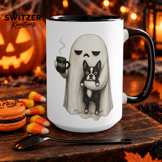 A black and white ceramic mug featuring a Ghost dog coffee cup with selectable breed and MEH design, spooky pet lover gift - Boston Terrier Coffee Mug