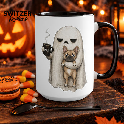 A black and white ceramic mug featuring a Ghost dog coffee cup with selectable breed and MEH design, spooky pet lover gift - Frenchie Coffee Mug