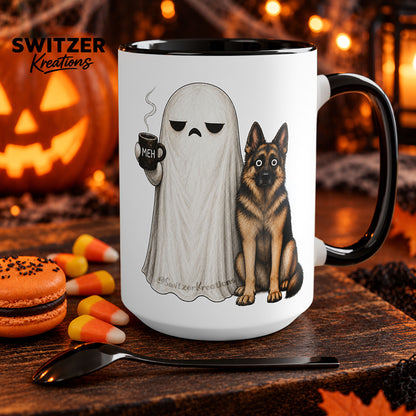 A black and white ceramic mug featuring a Ghost dog coffee cup with selectable breed and MEH design, spooky pet lover gift - German Shepherd Coffee Mug