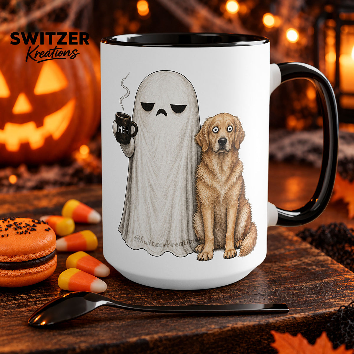 A black and white ceramic mug featuring a Ghost dog coffee cup with selectable breed and MEH design, spooky pet lover gift - Golden Retriever Coffee Mug