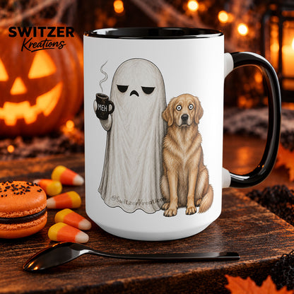 A black and white ceramic mug featuring a Ghost dog coffee cup with selectable breed and MEH design, spooky pet lover gift - Golden Retriever Coffee Mug