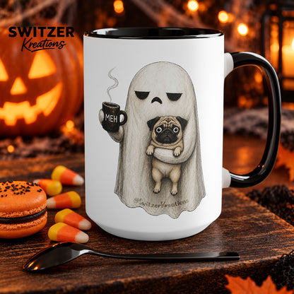 A black and white ceramic mug featuring a Ghost dog coffee cup with selectable breed and MEH design, spooky pet lover gift - Pug Coffee Mug