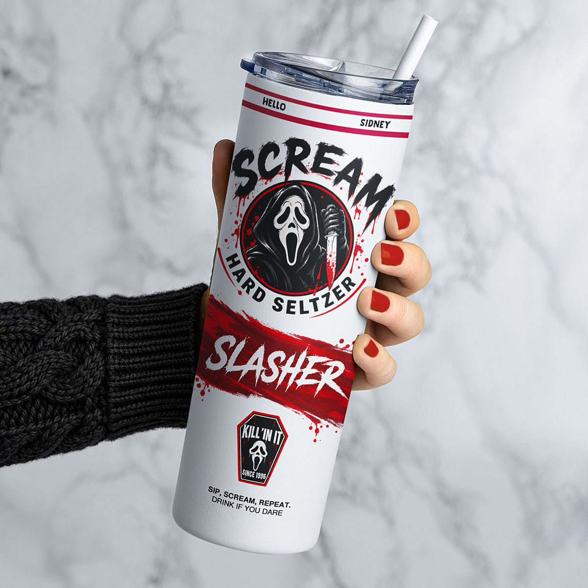 20 oz horror slasher scream hard seltzer skinny tumbler with red black and white design, sliding lid and reusable straw