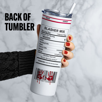 Back view of 20 oz horror slasher skinny tumbler with parody nutrition label, barcode design, sliding lid and straw