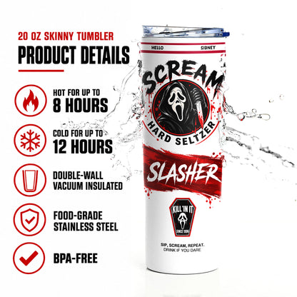 20 oz stainless steel horror skinny tumbler product details showing double-wall insulation, BPA-free materials, and hot and cold drink performance