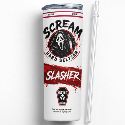 20 oz horror slasher ghostface hard seltzer skinny tumbler with red black and white design, sliding lid and reusable straw