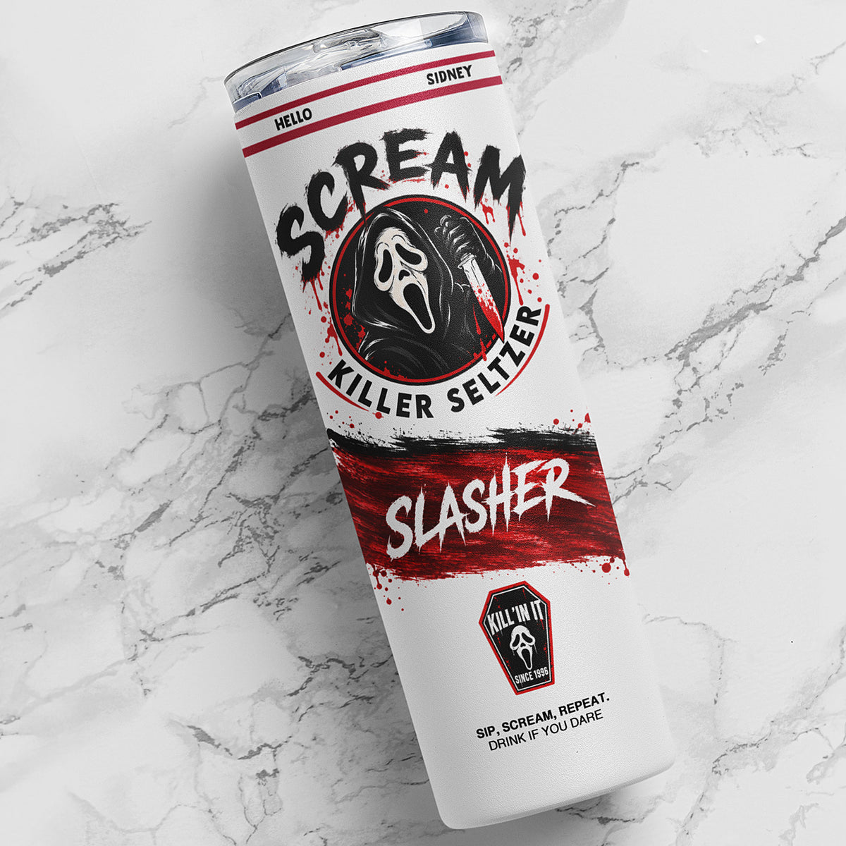 20 oz Ghostface-inspired horror skinny tumbler with red black and white slasher design, stainless steel travel cup with clear sliding lid