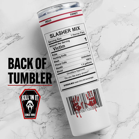 Back view of 20 oz Ghostface-inspired horror skinny tumbler with Slasher Mix label, bloody barcode artwork, and stainless steel travel cup design