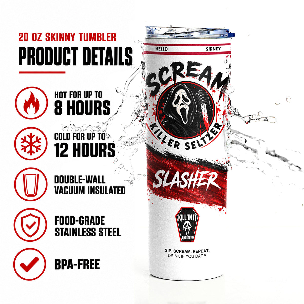 20 oz Ghostface-inspired horror skinny tumbler product details showing double-wall insulation, BPA-free stainless steel construction, and hot and cold drink performance