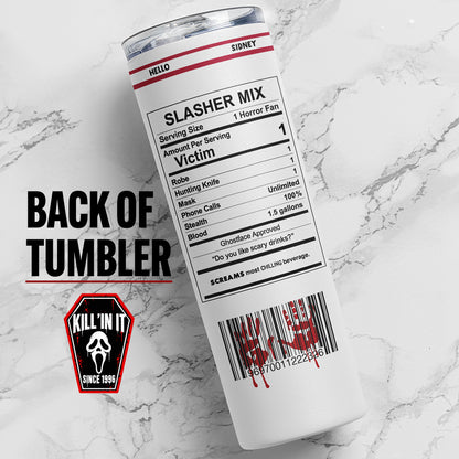 Back view of 20 oz Ghostface-inspired horror skinny tumbler with Slasher Mix label, bloody barcode design, and clear sliding lid