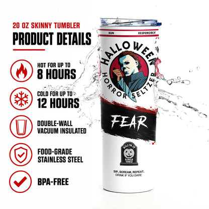 A 20 oz skinny tumbler with a Halloween horror theme, featuring a white and black design with a graphic of a masked figure and the word 'FEAR'. The image includes product details text and icons on the left side, set against a white background with a splash graphic.