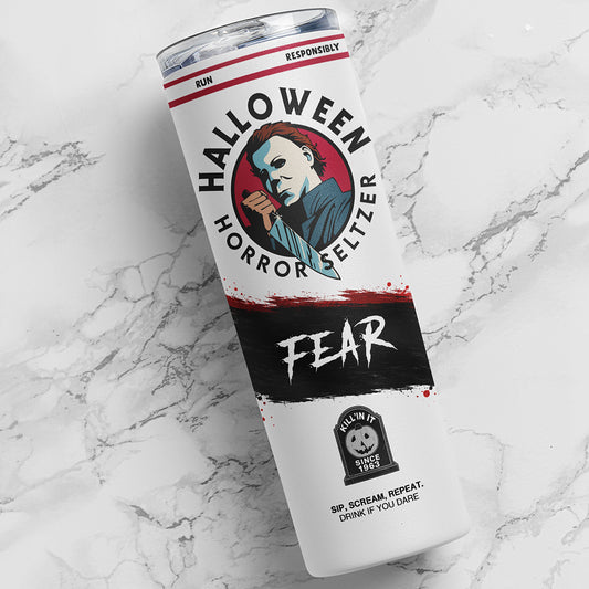 20 oz Michael Myers-inspired Halloween horror skinny tumbler with black red and white design, stainless steel travel cup with clear sliding lid