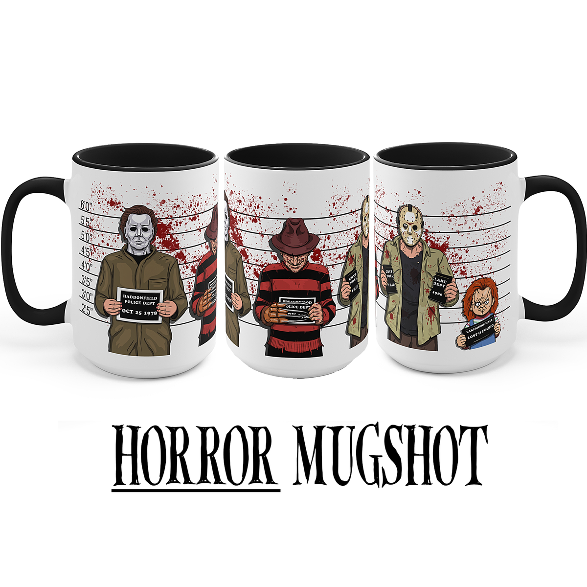 Three white ceramic mugs with black interiors and handles, each printed with a horror character mugshot illustration including blood splatters and height lines. The mugs are shown side by side on a white background, with the text 'HORROR MUGSHOT' below.