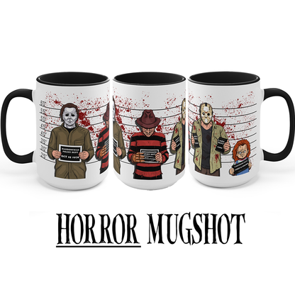 Three white ceramic mugs with black interiors and handles, each printed with a horror character mugshot illustration including blood splatters and height lines. The mugs are shown side by side on a white background, with the text 'HORROR MUGSHOT' below.